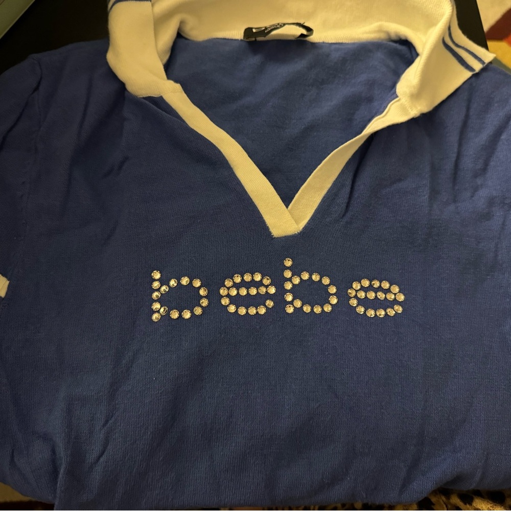 bebe Blue and White Knit Polo Top with Logo Tag